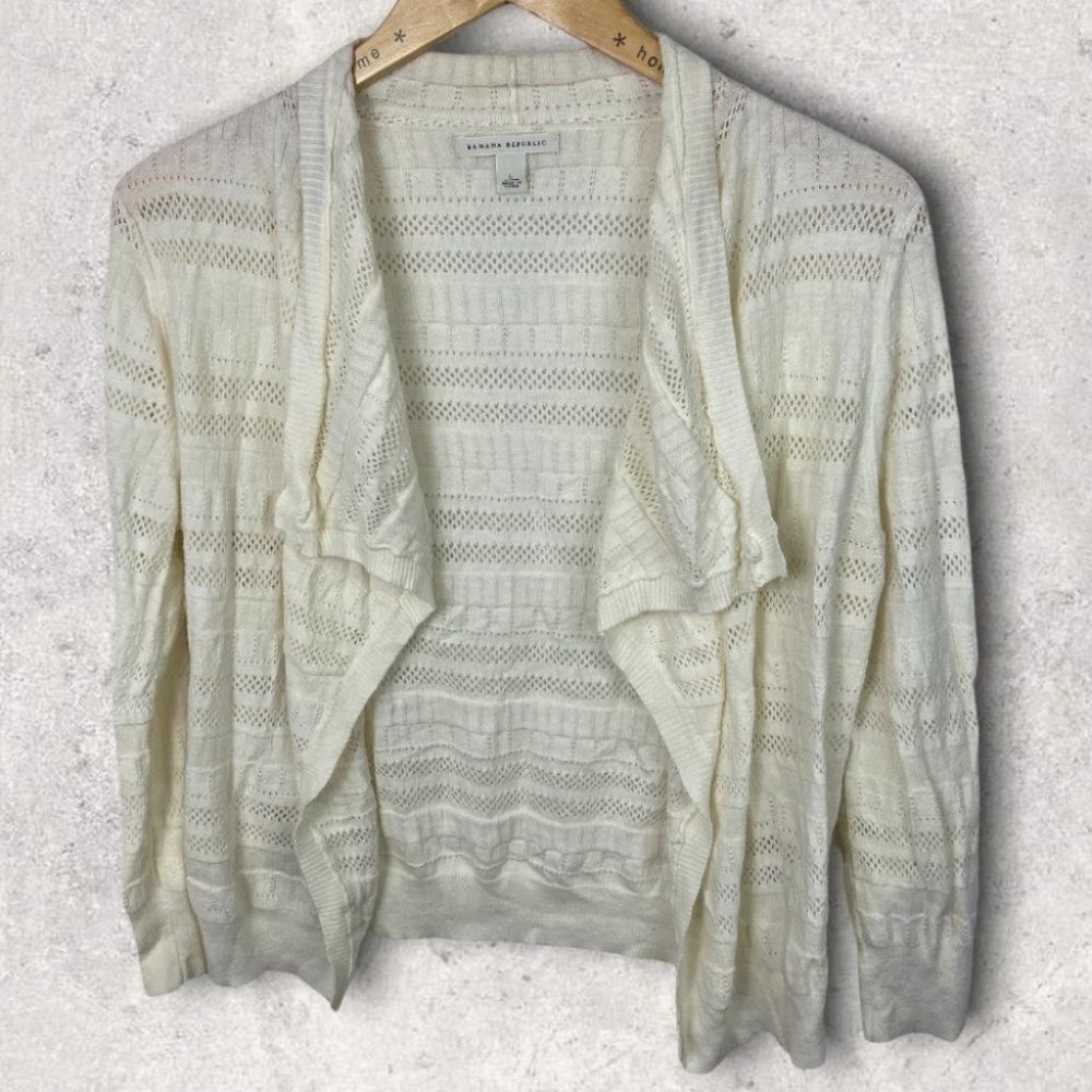 Banana Republic White Eyelet Knit Cardigan Sweater Size Large Open Front Minimal